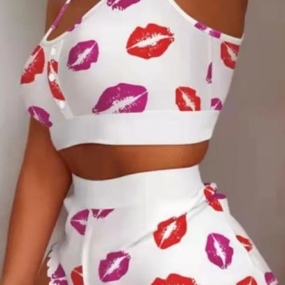 Kiss Me All Over 2pc Pajama Short Set. White, red and purple. Size 2XL sleepwear